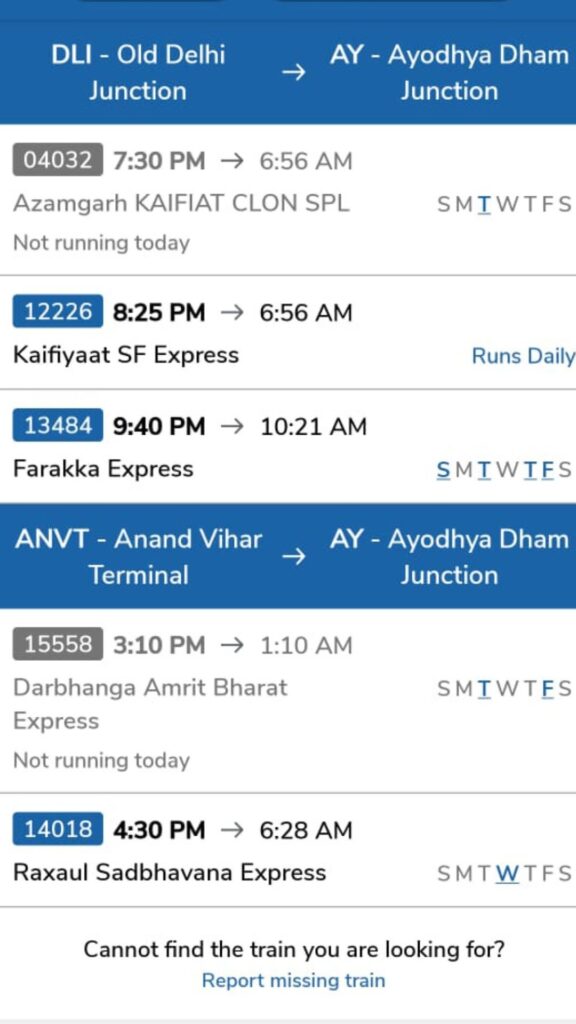 Delhi to Ayodhya by train and time