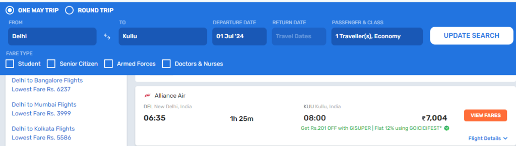 Delhi to Kasol by flight