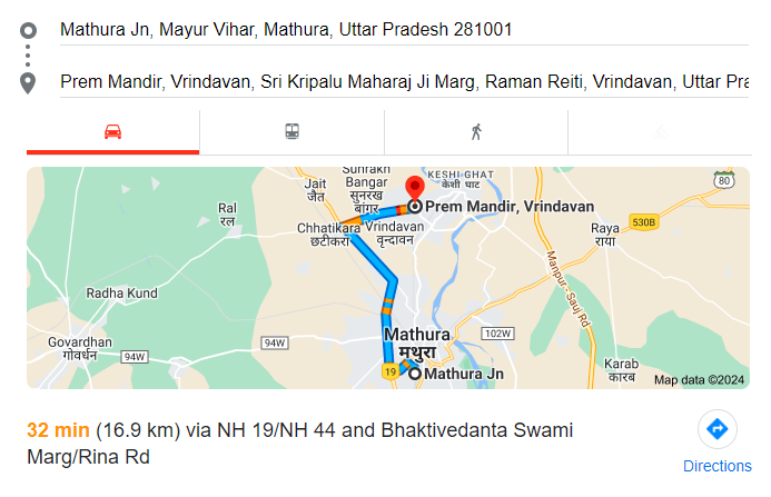 Mathura railway station to Prem mandir distance