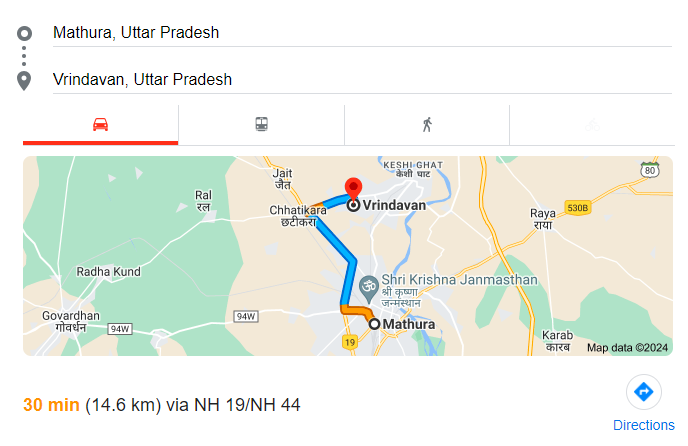 Mathura to Virndavan distance